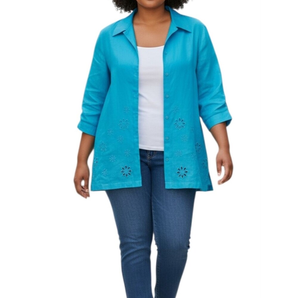Peacock Blue Westbound Linen Button Front Floral Embroidery Shirt